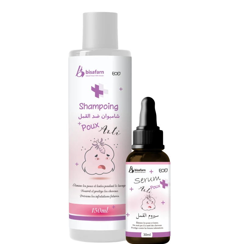 باقة العناية الفائقة بين يديك تخلصي من القمل والصيبان بفعالية مع هذه الباقة المتكاملة التي تجمع بين شامبو وسيروم مصممَين خصيصًا لتنقية فروة الرأس، حماية الشعر، ومنع عودة الإصابة. محتوى الباقة شامبو ضد القمل: ينظف الشعر بعمق ويقضي على القمل والصيبان من أول استعمال. سيروم علاجي: يقوي فروة الرأس ويمنع تكاثر القمل، مع تركيبة طبيعية وآمنة للأطفال والبالغين. الفوائد مفعول مزدوج ضد القمل والصيبان. تركيبة طبيعية خالية من المواد الكيميائية القاسية. آمن على فروة الرأس الحساسة. نتائج فعالة من أولى الاستعمالات. طريقة الاستخدام اغسلي الشعر بالشامبو، اتركيه لمدة 5 دقائق، ثم اشطفيه جيدًا. بعد التنشيف، طبّقي كمية مناسبة من السيروم على فروة الرأس ودلكي بلطف. كرري العملية يوميًا لمدة 5 إلى 7 أيام أو حسب الحاجة. الاحتياطات للاستخدام الخارجي فقط. تجنب ملامسة العينين. يُحفظ بعيدًا عن متناول الأطفال.